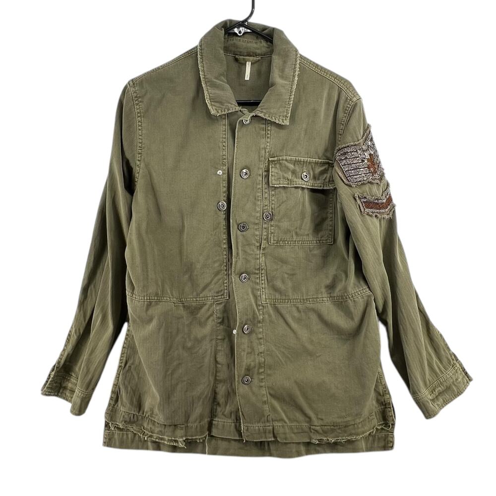Free People Size Small Embellished Military Jacket Olive Green Button Front - Picture 2 of 5
